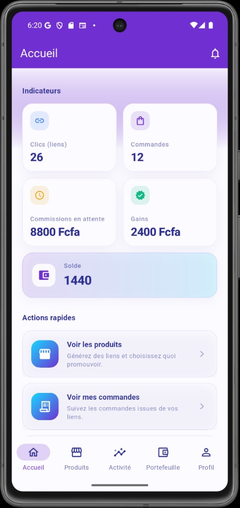 Application Jovendo ambassadeur — écran d’accueil avec indicateurs de performance.